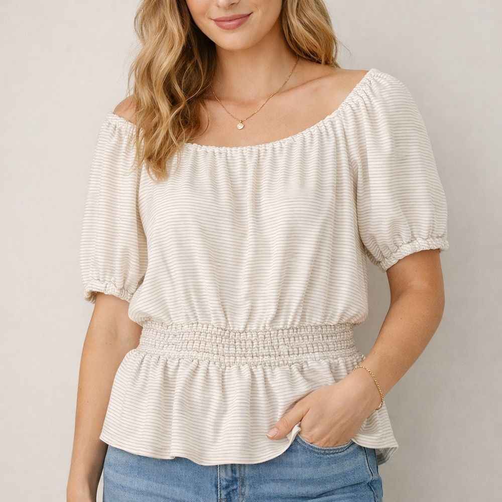 Lauren Conrad Peasant Blouse Cream Stripe Cottagecore‎ Smocked Waist Puff Sleeve